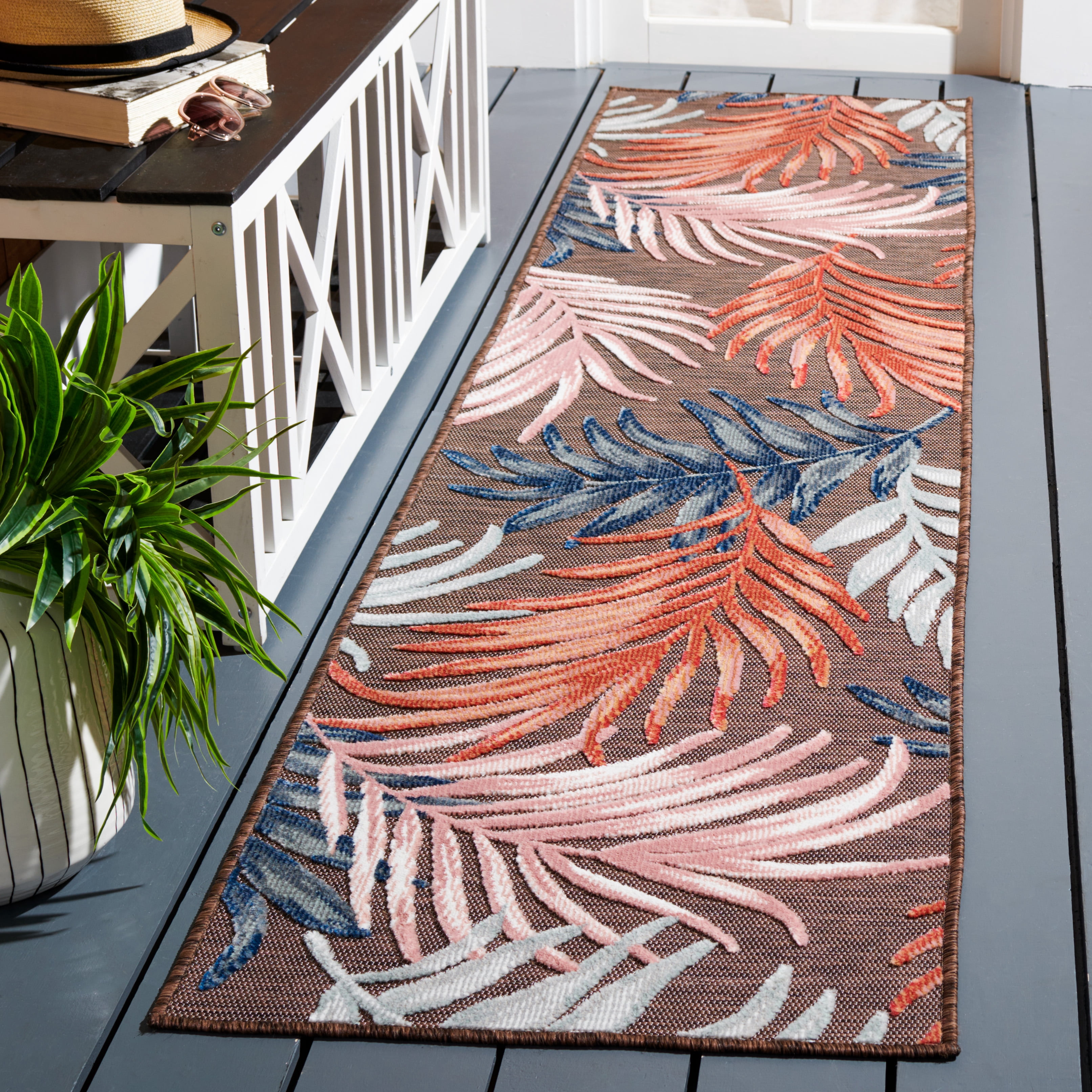 SAFAVIEH Cabana Jane Botanical Indoor/Outdoor Runner Rug, Brown/Blue, 2' x 9'