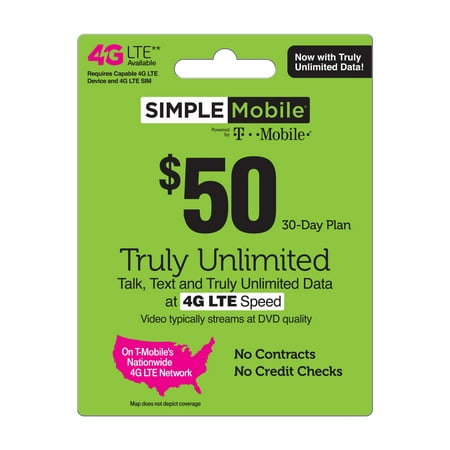 Simple Mobile $50 TRULY UNLIMITED 4G LTE** Data, Talk & Text 30-Day Plan (Video typically streams at DVD quality) (Email
