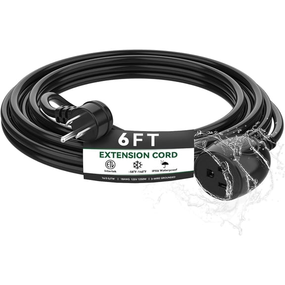 6FT Waterproof Outdoor Extension Cord,IPX6 Waterproof,Cold Weather & Fireproof,Heavy Duty 3 Prong Cable,18AWG 125V 10A,FCC/ETL Certified