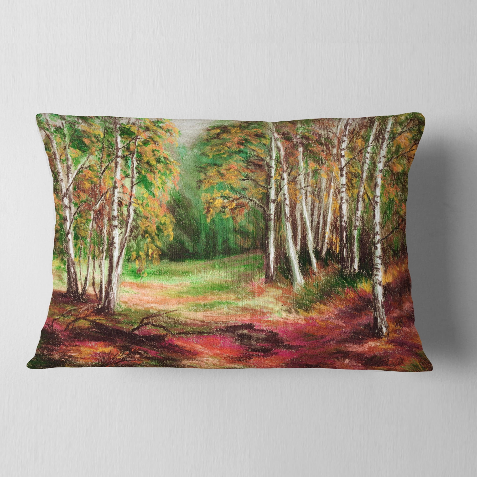 Designart Green Autumn Forest - Landscape Printed Throw Pillow - 12x20