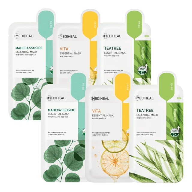 Mascarilla Mediheal Essential HERO, paquete de 6 con árbol de té, Madecassoside, Vita