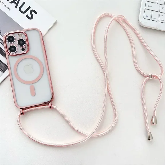 ZHaobin Crossboby Lanyard Plating Clear Phone Case for iPhone 16 15 14 13 12 11 Pro Max for Magsafe Magnetic Necklace Cord Strap Cover (iPhone 16 Pro Max,Rose Gold)