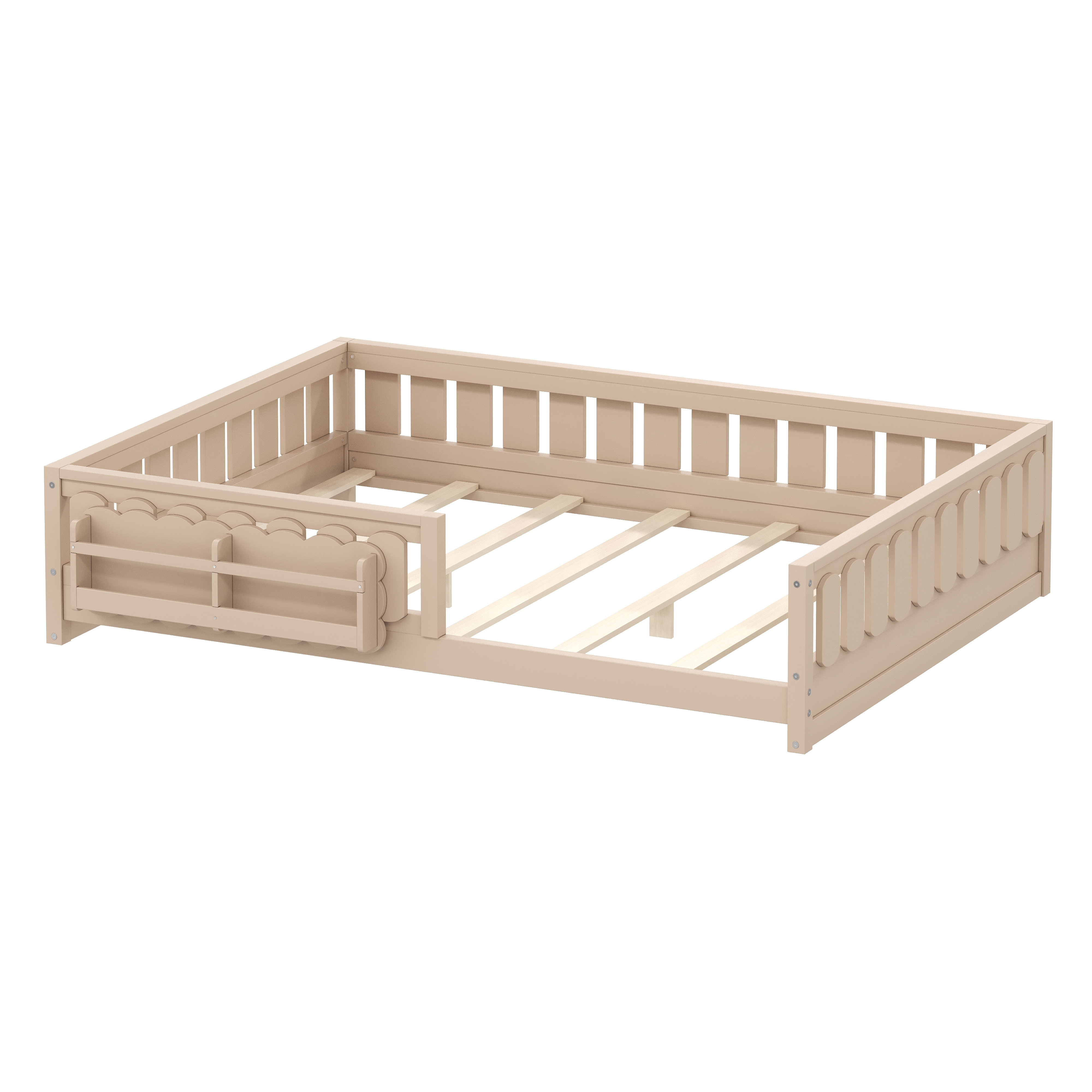 Euroco Wood Full Size Platform Bed with Shelves, Floor Bed with Guardrails, Natural