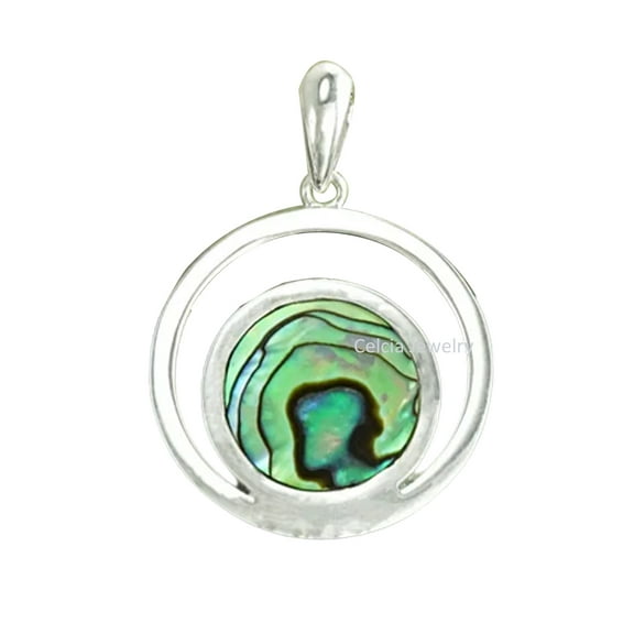 Pure 925 Sterling Silver Pendant For Men Women, Genuine Abalone Shell Round Gemstone Amazing Handcrafted Pendant Gifts For Her Him