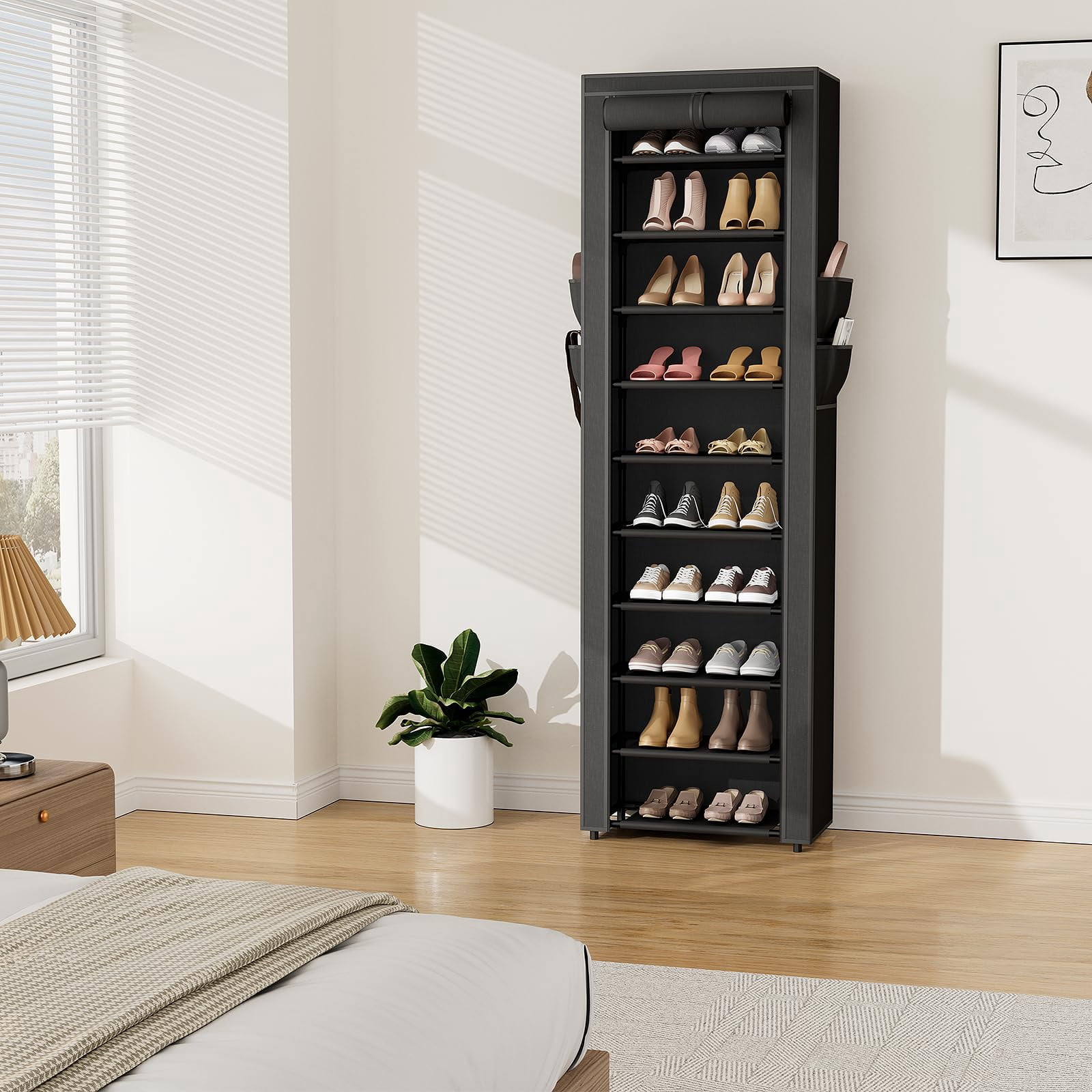 Vertical Narrow Shoe Rack Organizer 10 Tier Tall Closet Entryway Shoe Shelf with Dustproof Cover Holds 36-41 Pairs Freestanding Storage Cabinet White