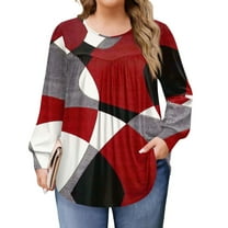 Xyxonk Women's Tops Plus Size Long Length Long Sleeve Shirt Pleated Crew Neck Loose Fit Blouses Winter Fashion Geometric Print Outfits L-5X