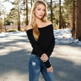 thumbnail image 5 of Women's Ribbed Off-the-Shoulder Long Sleeve Slim Fit Top in Soft Stretchy Midweight Fabric for a Chic Cropped Style - Medium, Black, 5 of 7