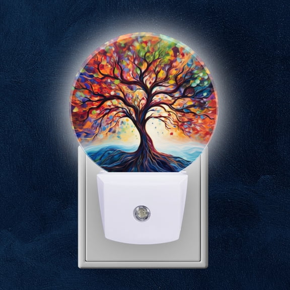 Round LED Night Lights Lamp with Dusk to Dawn Sensor, Vibrant Tree Of Life With Colorful Leaves Night Light Plug Into Wall for Kids Room, Bedroom, Bathroom, Kitchen, Hallway