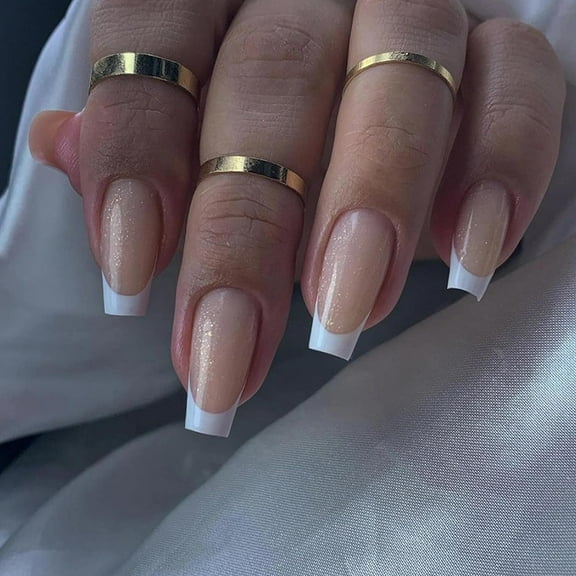 Chrome Press on Nails Long Coffin Fake Nails Glossy Glue on Nails Bling Ballerina Acrylic Nails Aurora French Tip Artificial Nails Sparkly Glitter False Nails with Pearl Flash Design 24 pcs