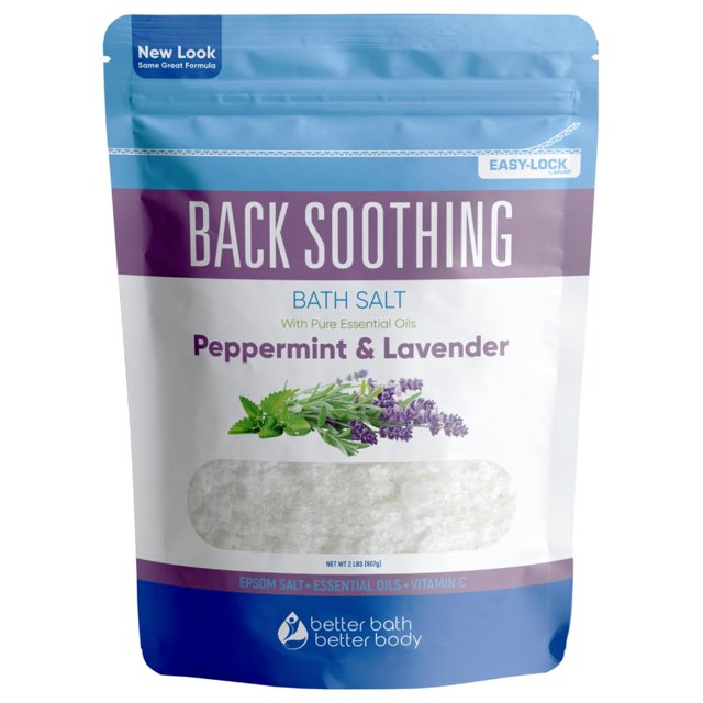 Sal de baño calmante para la espalda, 32 onzas de sal de Epsom con aceites esenciales naturales de bergamota, lavanda, eucalipto y menta, además de vitamina C en una bolsa sin BPA con cierre a presión