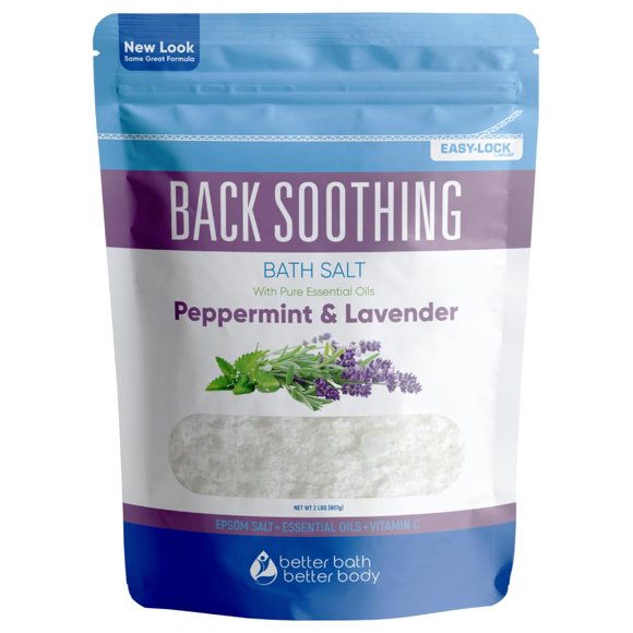 Sal de baño calmante para la espalda, 32 onzas de sal de Epsom con aceites esenciales naturales de bergamota, lavanda, eucalipto y menta, además de vitamina C en una bolsa sin BPA con cierre a presión