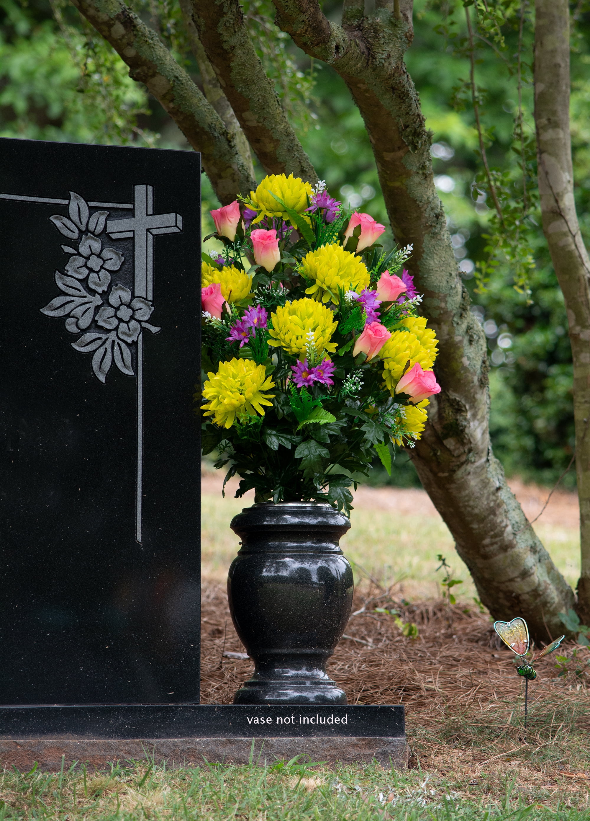 Sympathy Silks Artificial Cemetery Flowers -Lime Mum and Lavender Rose Bouquet