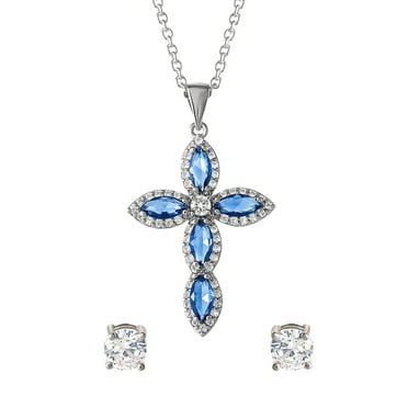 Believe by Brilliance Women's Fine Silver Plated Cubic Zirconia Cross Pendant and Stud Earring Set, 18"