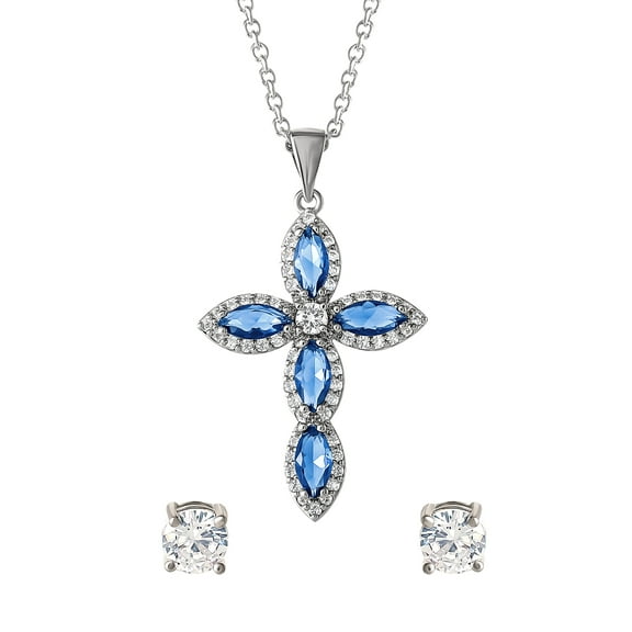 Believe by Brilliance Women's Fine Silver Plated Cubic Zirconia Cross Pendant and Stud Earring Set, 18"