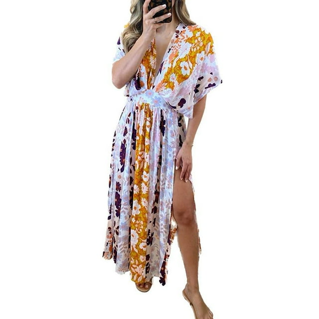 Robe Midi Femme Été Imprimée Ample Décontractée Manches Courtes Taille Haute Col en V et Robe Cheville Robes pour Femmes 2023 Décontractée en Liquidation