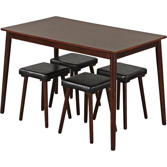 ZCXP 5-Piece Dining Table Set for 4, 48" Rectangular Table with 4 Upholstered Stools, Rubber Wood Legs, Space-Saving Design, Wood-Like Veneer, Brown, for Kitchen, Living Room, Breakfast Nook