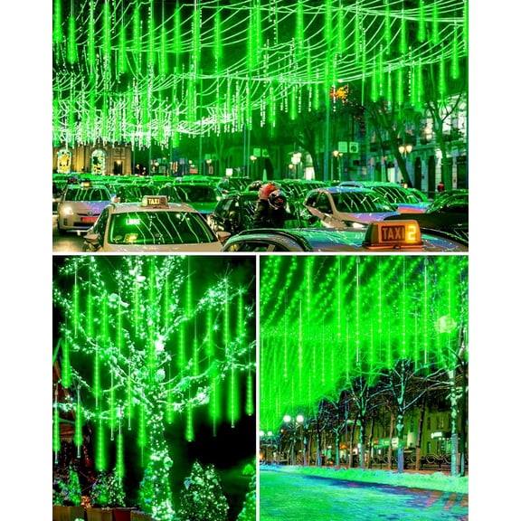 THESG-Meteor Shower Lights Outdoor 10Tubes 16 Inch 360 LED Christmas Lights Waterproof Falling Rain Lights Plug in Dripping Icicle Lights for Tree Porch Roof Yard Xmas Halloween Decoration, Green