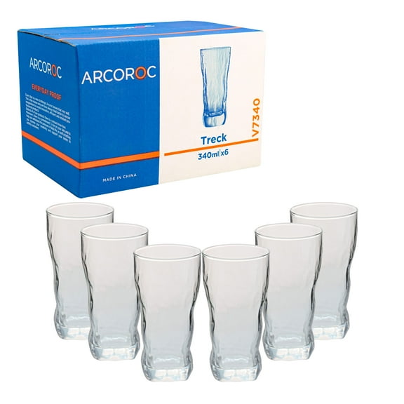 Juego de 6 Vasos Curveados Vidrio Francés Transparente, Modelo Treck, Capacidad 340 ml con Caja de Regalo