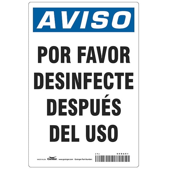 Condor Spanish Por Favor Desinfecte Sign,10" H HWN838A1007