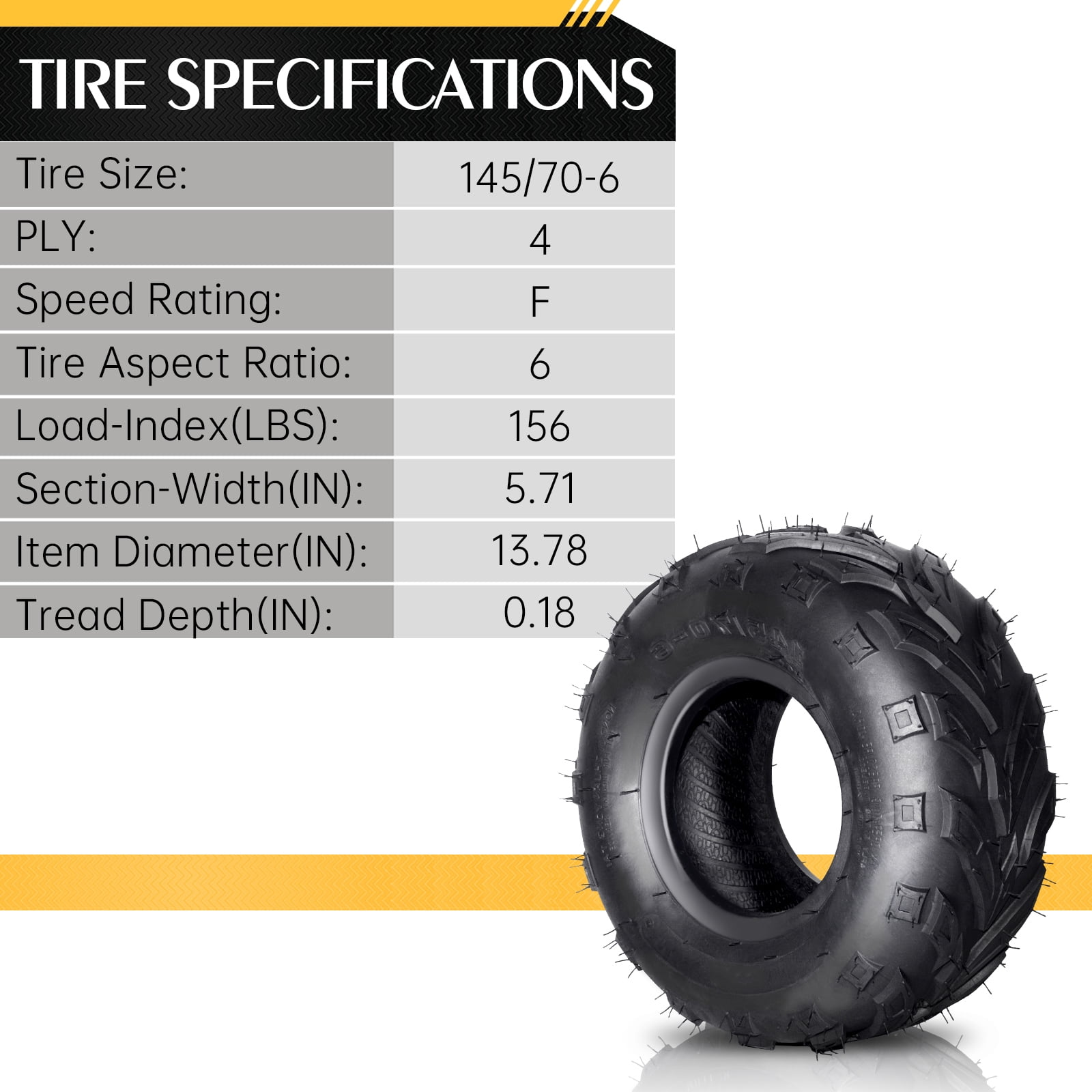 Ktaxon 145/70-6 ATV & Go Kart Tires Set of 2, 4PR Tubeless All-Terrain Sport Tires for ATV and Utility Vehicles