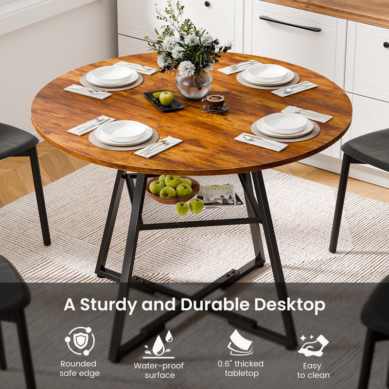 Gianna 42" Round Dining Table for 4-6, Space Saving Kitchen Table with Dual-Tier Storage, Pedestal Metal Frame, Industrial Farmhouse Circle Dinner Table for Apartment, Brown