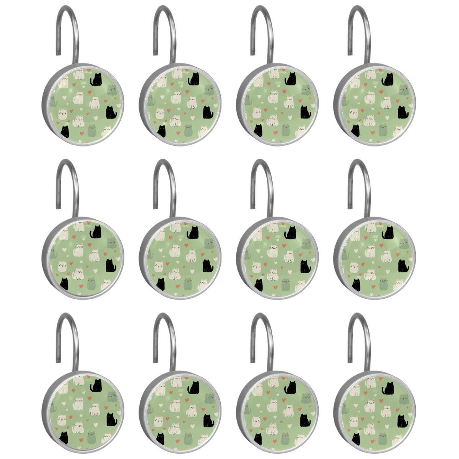 12pcs Decorative Shower Curtain Hooks, Rust Resistant Shower Rings for Bathroom Living Room,Rustproof Stainless Steel Rings for Shower Curtain and Liner Rods,Cats and Hearts Green