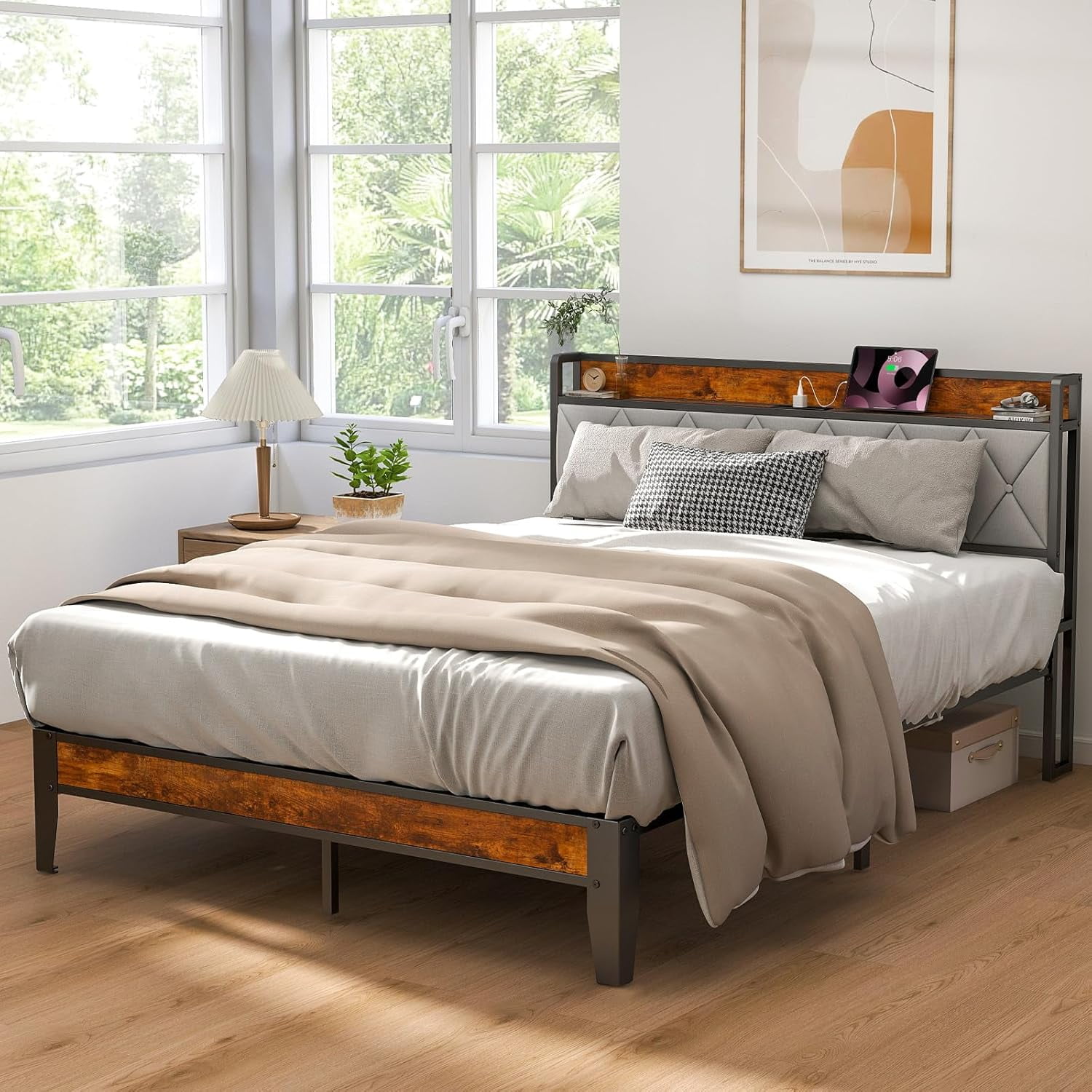 Queen Size Bed Frame, Bed with Headboard, 800LBS Heavy Duty Mattress Foundation with Steel Slats Support (No Box Spring Needed)
