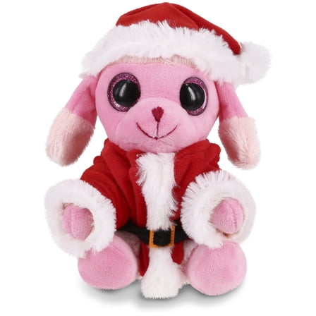 DolliBu Santa Sparkle Eyes Pink Poodle Dog Stuffed Animal Plush Toy - Super Soft Animal Dress Up with Red Santa Claus Outfit, Perfect Holiday Christmas Gift - 6 Inches