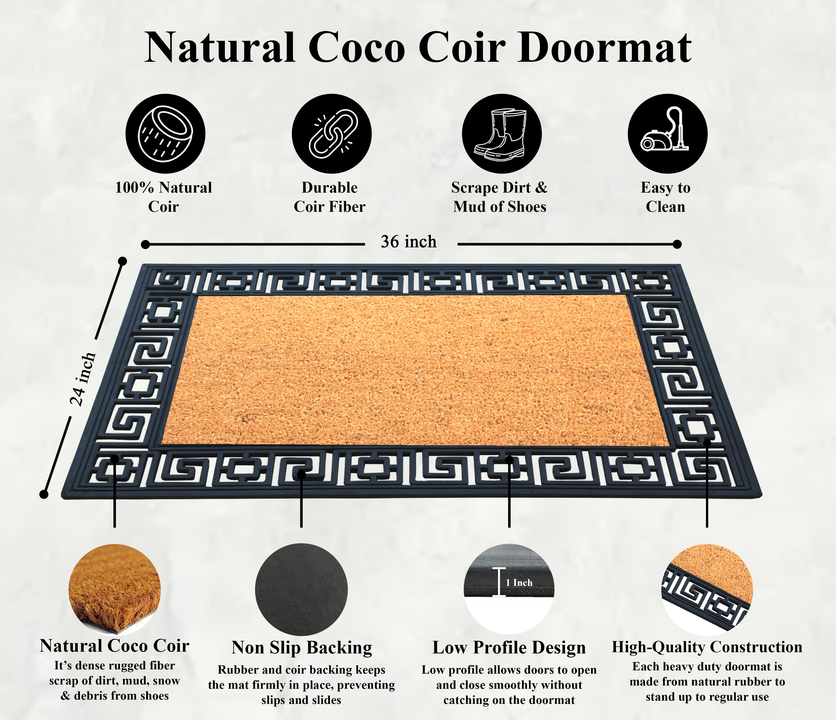 A1 Home Collections 36"×24" Natural Coir & Rubber Doormat - Decorative Welcome Design, Heavy Duty Coconut Fiber Entry Mat with Non-Slip Backing - Anti-Shed Treated, Low Profile Outdoor Front Door Mat