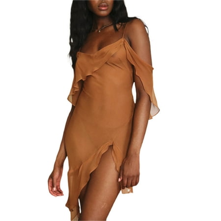 

Sunisery Women Babydoll Lingerie Nightgown Irregular Ruffle Exotic Sheer Mesh Sleeveless Sleepwear Nightwear