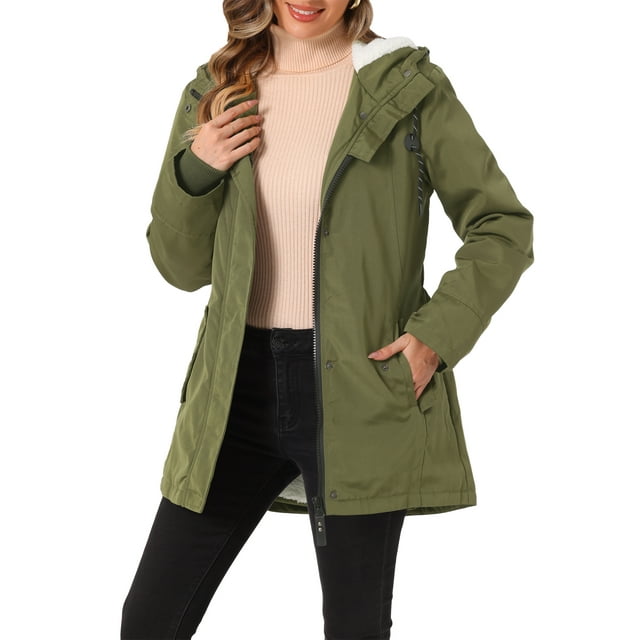 Abrigo parka para mujer INSPIRE CHIC con cinturón, bolsillos, mangas largas y capucha de piel sintética, talla XS, color verde militar
