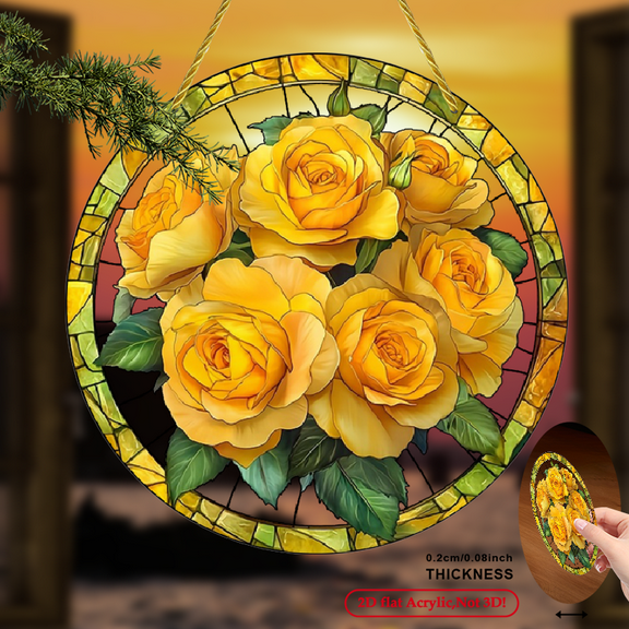 2D Flat Acrylic Yellow Rose Suncatchers - Garden Suncatchers Spring Decor - Flowers Decor for Window Wall Entryway Farmhouse Room Home Garden Outdoor Indoor.8x8inch