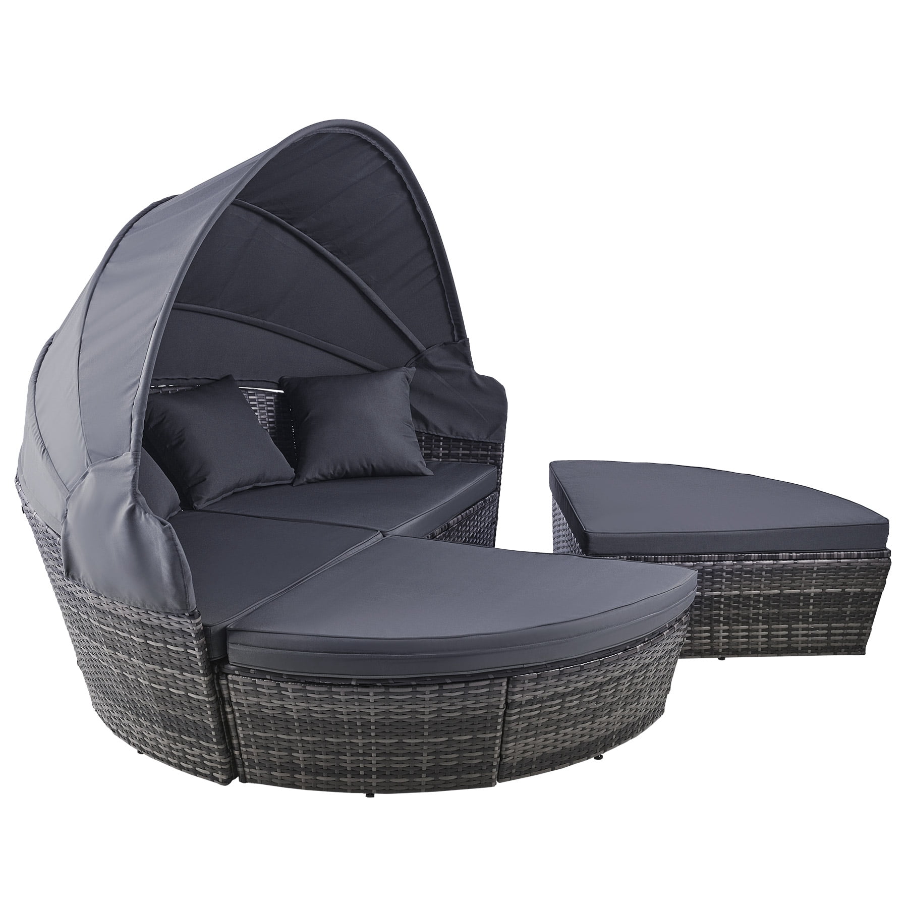 Bestco Outdoor Daybed w Retractable Canopy 4 Piece, Outdoor Sectional Sofa Set with Rattan Daybed or 4 Chairs, Retractable Canopy, Pillows, Water-Resistant Cover, Gray