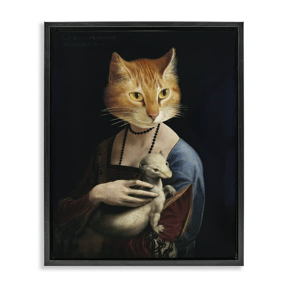 Stupell Industries Historical Portrait Cat Novelty & Humor Painting Black Floater Framed Canvas Art Print Wall Art, 17 x 21