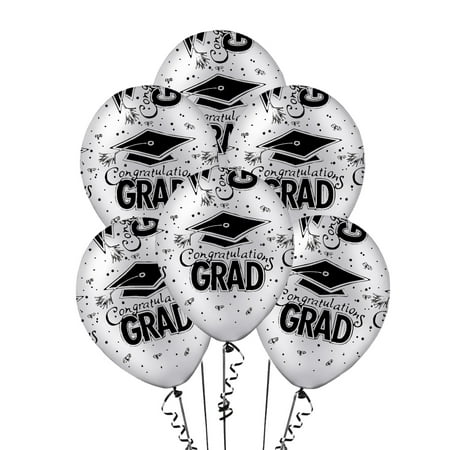 Graduations Balloons Graduation Balloons 11in Premium Latex Silver with All-Over print black Congrats-Grad Caps Pkg/50 ()