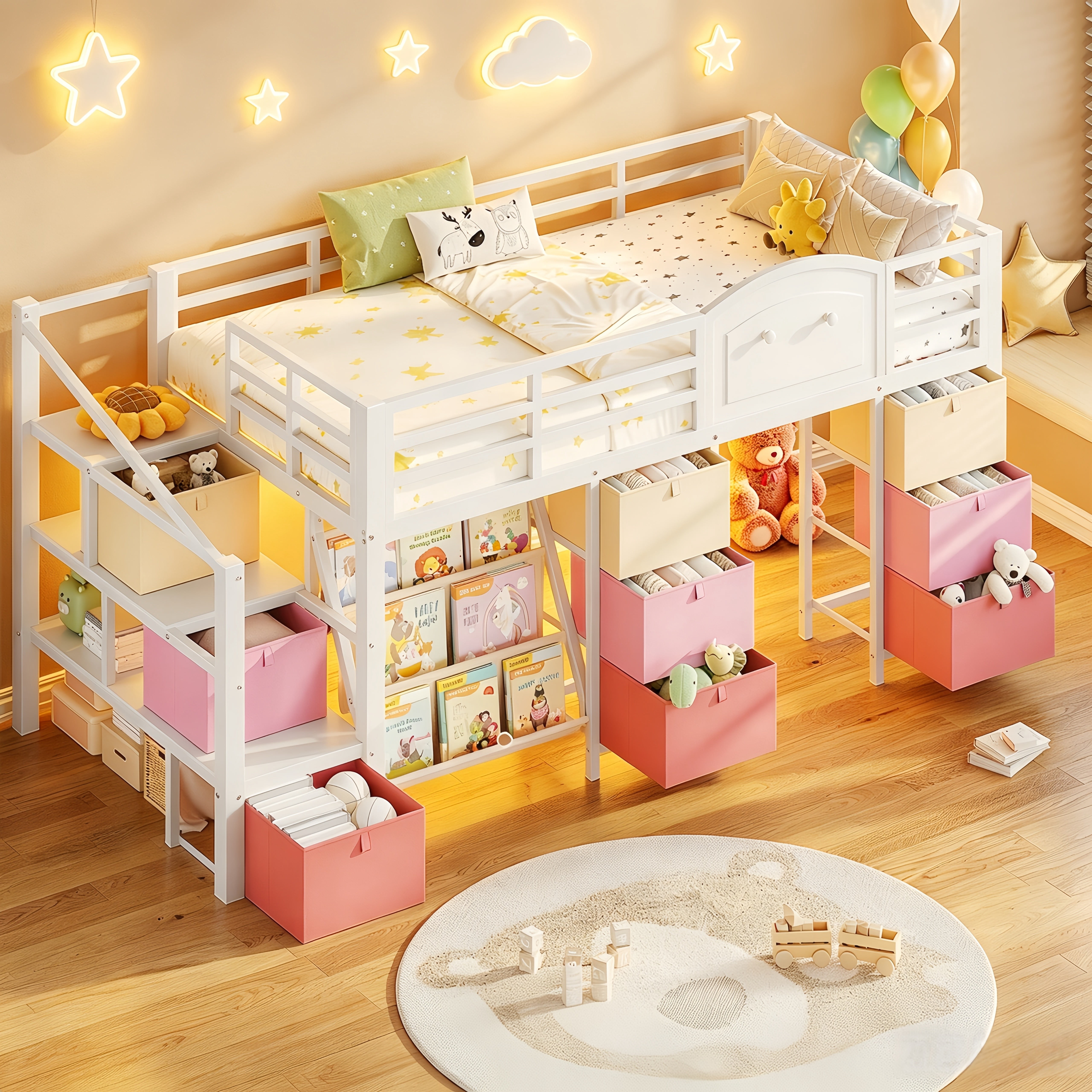 Low Loft Bed with Storage Stairs & Drawers & Shelves, LED Twin Metal Loft Bed with Under-Bed Playhouse, White