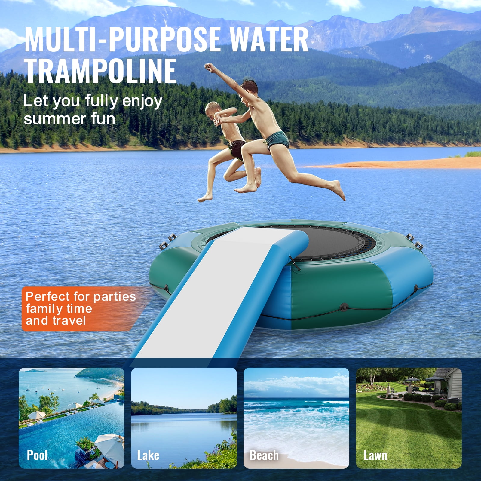 VEVOR Inflatable Water Bouncer, 10ft Recreational Water Trampoline, Portable Bounce Swim Platform with Slide,3-Step Ladder & Electric Air Pump,Kid Adult Floating Rebounder for Pool Lake Water Sports
