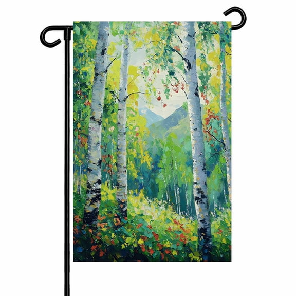 Summer Tree Oil Painting Garden Flag 12x18 Inch Country Birch Green Plant Double Sided Small Decorative Garden Flags for Outside, Outdoor Yard Porch Lawn Decoration
