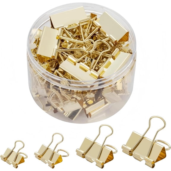 100 PCS Binder Clips Assorted Sizes, Paper Binder Clips (0.6inch 0.75inch 1inch 1.26 inch), Metal Paper Clamps for Office and Home (Gold)