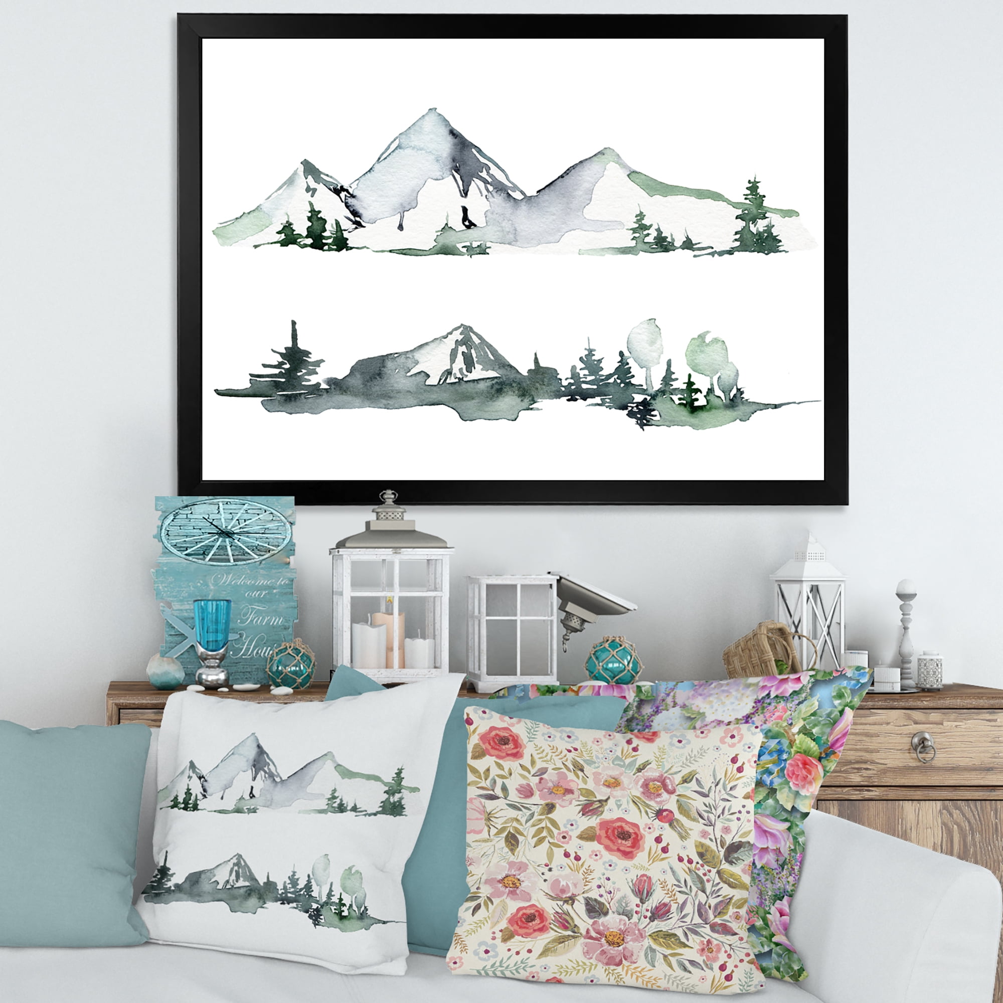 Designart 'Trees With Winter Dark Blue Mountain Landscape II' Modern Framed Art Print