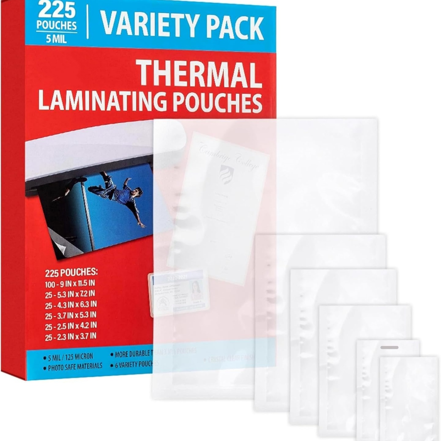 5MIL Thermal Laminating Sheets (225 Count) Letter, Photo, Card, Notecard, ID Badge and Business Card Sizes, Laminating Pouches, Compatible with Laminators, Crystal Clear Laminated Finish