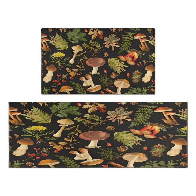 Sophisticated Set of 2 Red Mushroom Kitchen Rugs & Mats - Non-Slip, Cushioned - Ideal Boho Charm for Kitchen, Sink, Laundry, Bathroom - Unique Home Decor, Sizes 17x30 & 17x47 inches