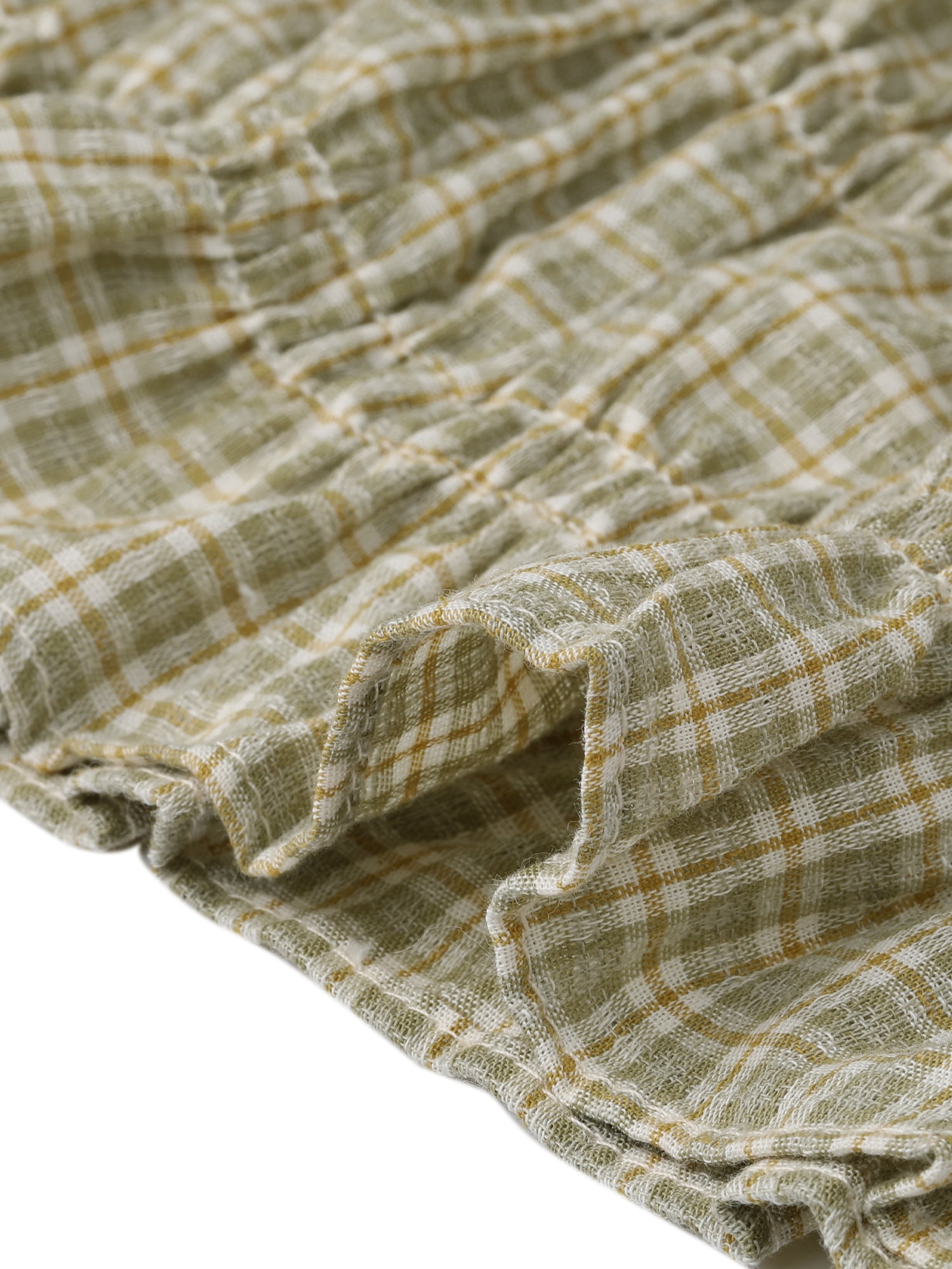 DARING DIVA Women's Smocked Plaid Short Sleeve Crew Neck Ruffle Tops Shirt L Gray Green