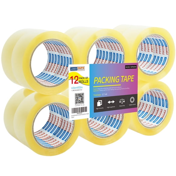 ADHES Ruban d'Emballage Ruban d'Expédition Ruban d'Emballage pour Boîtes de Déménagement, 60yard par Rouleau Largeur 1.88 Pouces Épaisseur 2.7Mil (12 Rouleaux)