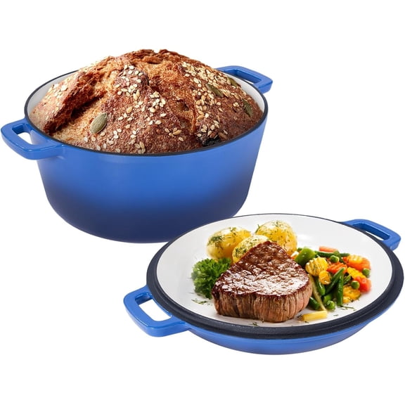 2-in-1 Enameled Cast Iron Dutch Oven Pot with Skillet Lid, 6QT Dutch Oven & 2QT Skillet Combo, Multi Cooker Stock Pot For Frying, Cooking, Baking, Induction & Ovens Safe(Blue)