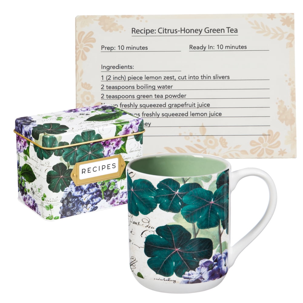 Evergreen Recipe Tin with Recipe Cards and Ceramic Cups