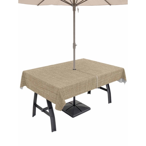 Outdoor Tablecloths with Umbrella Hole & Zipper, Brown Farmhouse Rectangle Tablecloth 52x70 Inch, Vintage Country Monochrome Textured Waterproof Table Cloth, Patio/Pool/Picnic Table Covers