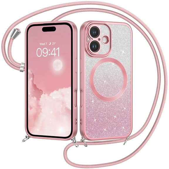DUEDUE iPhone 16 Case With Rope 6.9" Compatible with Mag-Safe, Sparkly Glitter Shookproof Magnetic Case for iPhone 16, Pink