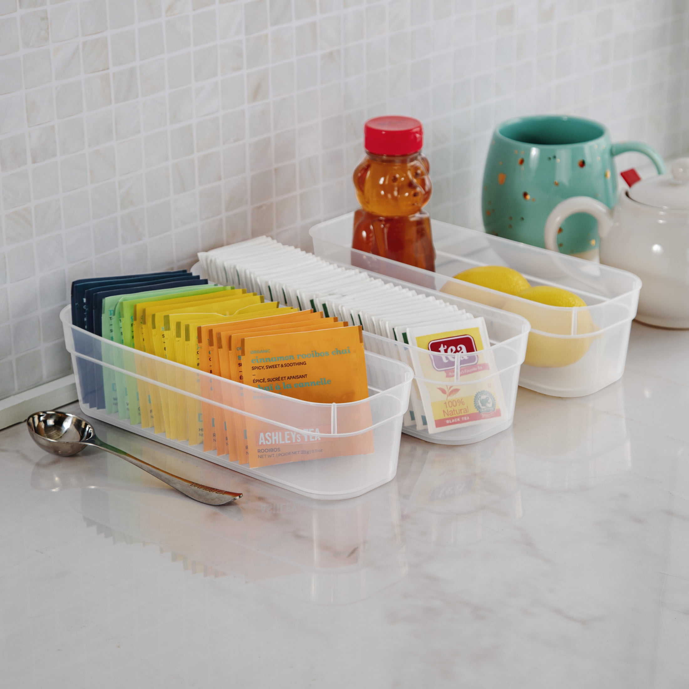 Sterilite Set (3) Narrow Storage Trays, Clear Plastic Open Bins, Drawer Organizers, 8 Count