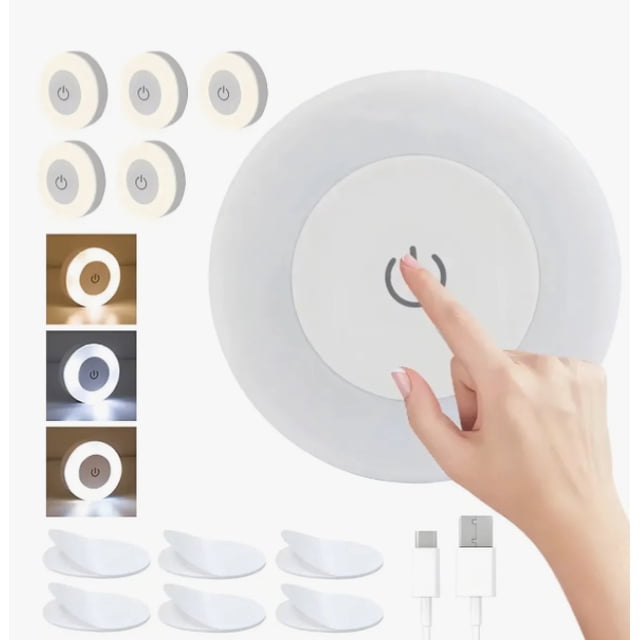 Luz De Led Táctil Redonda Clóset Lámpara Armario Noche Recargable Usb 6pzs Luz Nocturna 3 Colores